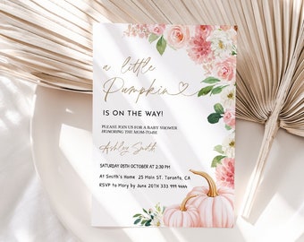 May include: A rectangular baby shower invitation card featuring a white background with watercolor pink and white flowers, green leaves, and two light pink pumpkins at the bottom. The text reads: a little Pumpkin IS ON THE WAY! PLEASE JOIN US FOR A BABY SHOWER HONORING THE MOM-TO-BE Ashley Smith SATURDAY 05TH OCTOBER AT 2:30 PM At Smith's Home 25 Main ST. Toronto, CA RSVP to Mary by June 20TH 333 999 4444.