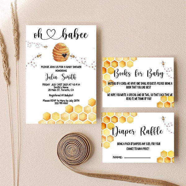 EDITABLE Baby Shower Invitation, Oh Babee Honey Baby Shower Invitation, Instant Download, Honey Baby Shower Invite Set, Mommy to bee invite