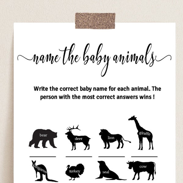 Name The Baby Animal Game, Baby Shower Game, Instant Download, Baby Animal Game, Gender Neutral, Printable Games, Baby Shower Games