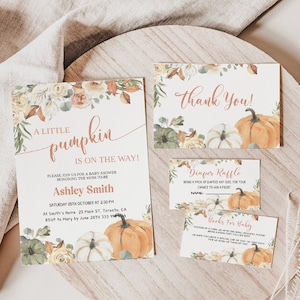 Conjunto de invitación de ducha de bebé de calabaza pequeña, invitación de ducha de bebé de calabaza otoño otoño editable, invitación imprimible, BBS95