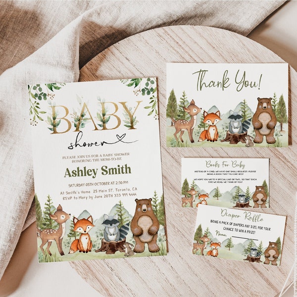 Woodland Baby Shower Invitation Set, Editable Woodland Animals Invitations Package, Its a boy Woodland Theme Instant download