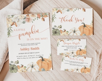 Little Pumpkin Baby Shower Invitation Set, Editable Fall Autumn Pumpkin Baby Shower Invite, Printable Invitation, BBS95