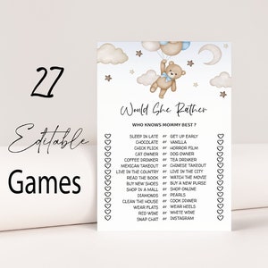 Editable Bear Baby Shower Game Bundle, We Can Bearly Wait Baby Shower Game Pack, Blue Balloon, Bear Boy ,Instant Download,