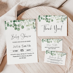 Editable Greenery Eucalyptus Baby Shower Invitation Package, Greenery Baby Shower Bundle, Diaper and Book Request, Instant Download, BBS85