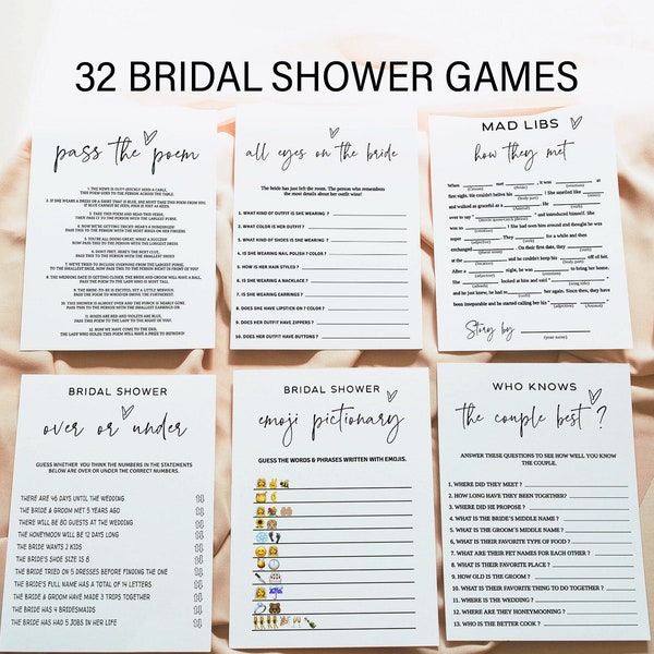 Minimalist Bridal Shower Games Bundle,  Modern Game Printable, 32 Editable Games, Personalize Name and Questions, templett