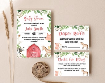 May include: A set of three printable cards for a baby shower. The invitation card features a red barn with a pink pig, a white goose, a brown and white cow, a brown and white horse, and green leaves. The text on the card reads "Baby Shower" and "Julia Smith". The second card is a diaper raffle card with a pink pig, a white chicken, and a brown and white horse. The text on the card reads "Diaper Raffle". The third card is a "Books for Baby" card with a pink pig, a white goose, and a brown and white horse. The text on the card reads "Books for Baby".