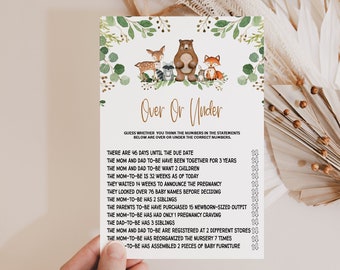 woodland baby shower game, baby over or under game, woodland animals, watercolor greenery, printable baby shower game, BBS10