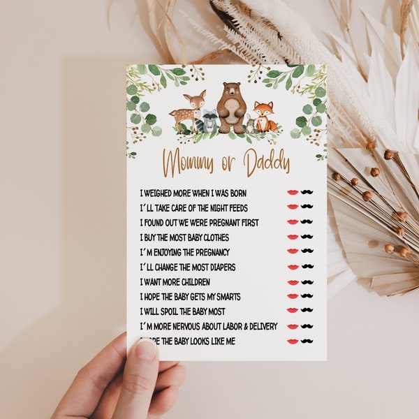 woodland baby shower game, mommy or daddy game, woodland animals, watercolor greenery, printable baby shower game, BBS10