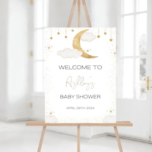 Over the Moon Baby Shower Welcome Sign, Editable, Twinkle Twinkle Little Star Baby Shower Sign, Moon and Stars Baby Shower Welcome
