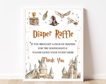 May include: A white framed sign featuring watercolour illustrations of a golden goblet, books, a potion bottle, a sorting hat, an owl, and a scroll. The text reads: Diaper Raffle, If you brought a pack of diapers for the diaper raffle please leave your ticket here, Thank You. A castle illustration is at the bottom.