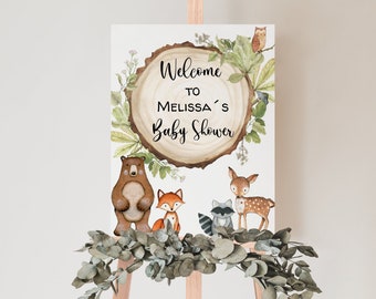 EDITABLE Greenery Woodland Baby Shower Welcome Sign. Rustic Forest Animals Printable Decoration. Botanical Greenery Forest, BBS10