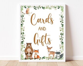 Woodland Baby Shower Cards And Gifts Sign Greenery Woodland Animals Forest Decor Printable Instant Download, BBS10