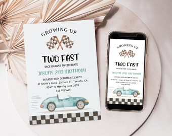 Two Fast Racing Car Birthday Invitation Editable 2nd Birthday Invite Instant Download , Boy Birthday Invitation