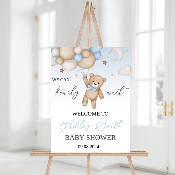 Bear Balloon Baby Shower Welcome Sign, Editable We Can Bearly Wait Baby Shower Poster, Blue Balloon Bear Boy Shower Decor, Download
