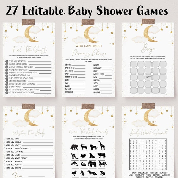 Over the Moon Baby Shower Games, Editable, Twinkle Twinkle Little Star Baby Shower Games Bundle, Moon and Stars Baby Shower Game Bundle