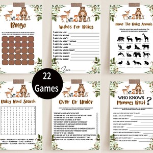 Woodland Animal Baby Shower Games Bundle, Baby Shower Games Package, Instant Download, Woodland Baby Shower Games, Emoji, Predictions Game