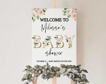 Blush Gold baby shower welcome sign. Editable blush gold floral baby shower welcome sign template. Baby Shower Girl welcome sign, BBS75