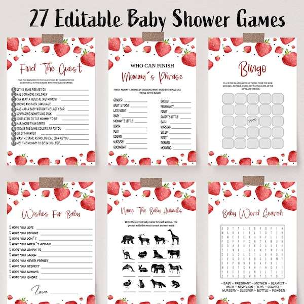 Strawberry Editable Baby Shower Games Bundle, A Berry Sweet Baby Shower Game Bundle,  Printable, Editable Games, Instant Download