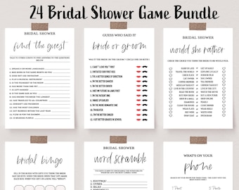 May include: A set of printable bridal shower games. The games include "Find the Guest", "Bride or Groom", "Would She Rather", "Bridal Bingo", "Word Scramble", and "What's on Your Phone".