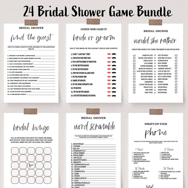 Modern Bridal Shower Games Bundle, Minimalist Packpage Games for Bridal, Editable Games