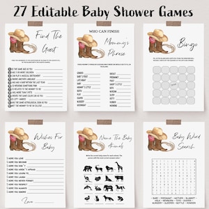 Pacchetto di giochi per baby shower modificabili da cowboy, giochi per baby shower a tema country cowboy western, download istantaneo, stampabile