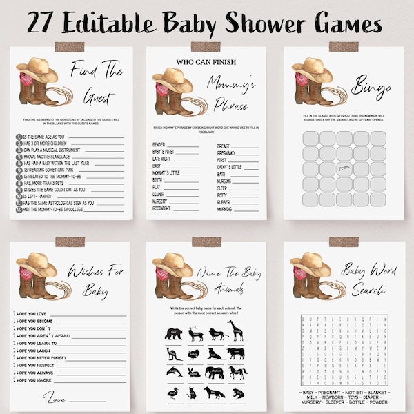 Cowboy Editable Baby Shower Game Bundle, Country Cowboy  Western Theme Baby Shower Games, Instant Download, Printable