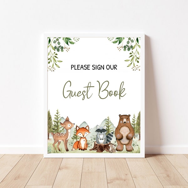 Woodland Baby Shower Sign Guest Book Greenery Woodland Animals Forest Baby Shower Sign Decor Printable Instant Download, BBS33