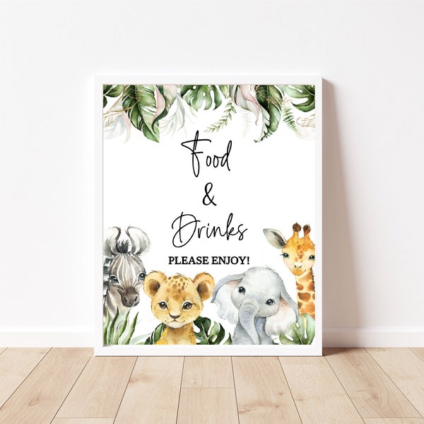 Food And Drinks Sign Baby Shower, Safari Jungle Baby Shower Food Sign, A Little Wild One, Safari Animals Shower, Instant Download, BBS65