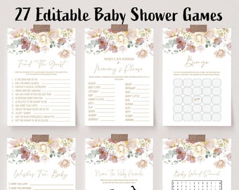 Könnte beinhalten: Ein Satz druckbarer Babyparty-Spiele mit floralem Thema. Die Spiele beinhalten "Finde den Gast", "Wer kann Mamas Satz beenden", "Bingo", "Wünsche für das Baby", "Nenne die Babytiere" und "Baby-Wortsuche".