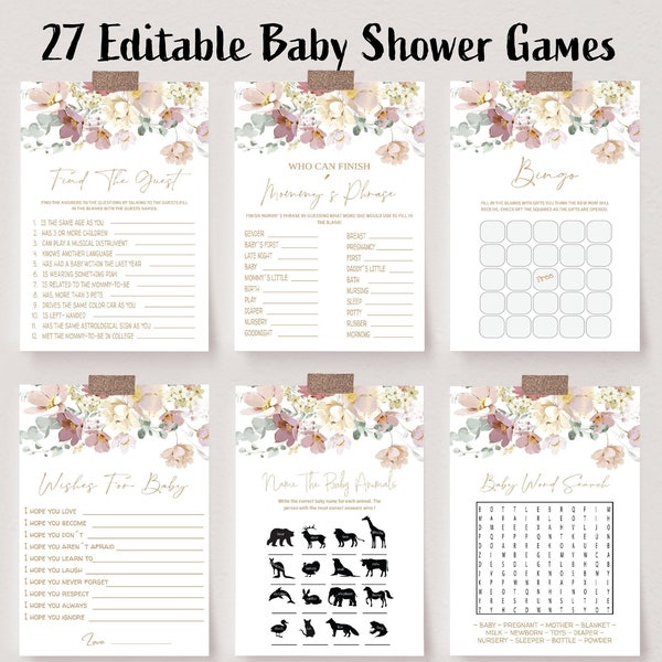 Editable Baby in Bloom Baby Shower Game Bundle, Spring Flowers, Wildflower Baby Shower Game Pack, Instant Download