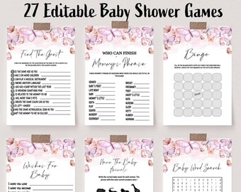 Op de afbeelding: Een set met printbare babyborrelspelkaarten met een roze en witte vlinderthema. De spellen omvatten "Vind de Gast", "Wie kan Mama's zin afmaken", "Bingo", "Wensen voor de Baby", "Noem de Babydieren" en "Baby Woordzoeker".