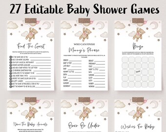 May include: A set of 10 printable baby shower game cards featuring a cute teddy bear illustration. The games include Find the Guest, Mommy's Phrase, Bingo, Name the Baby Animals, Over or Under, and Wishes for Baby.