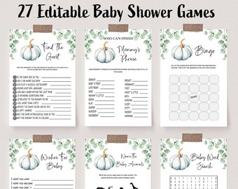 Editable Greenery Pumpkin Baby Shower Game Bundle, Oh Boy Pumpkin Baby Shower Game Pack, Blue Pumpkin Baby Shower Games, Fall Games