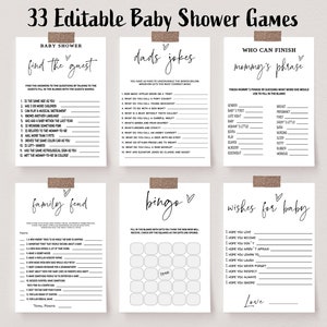 Minimalist Baby Game Bundle, 33 Games, Editable Modern Baby Shower, Predictions, Advice, Baby Trivia, Dad Jokes, would she rather