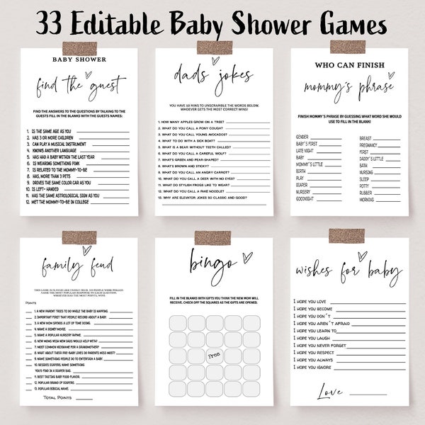 Minimalist Baby Game Bundle, 33 Games, Editable Modern Baby Shower, Predictions, Advice, Baby Trivia, Dad Jokes, would she rather