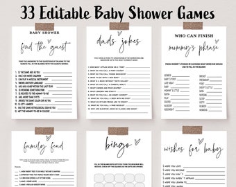 Minimalist Baby Game Bundle, 33 Games, Editable Modern Baby Shower, Predictions, Advice, Baby Trivia, Dad Jokes, would she rather