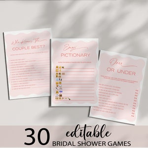 Pink Wavy Bridal Shower Game Bundle, Editable Pink Red Wavy Bridal Shower, Printable Modern Bridal Shower Games