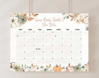 May include: A rectangular calendar sign featuring the text Guess Baby Smith's Due Date. The design includes watercolor illustrations of pumpkins, autumn leaves, and flowers in shades of orange, green, and cream, framing a monthly grid.