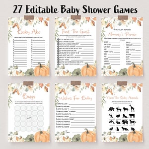 May include: A set of 27 editable baby shower games with a fall theme. The games include Baby ABC, Find the Guest, Mommy's Phrase, Bingo, Wishes for Baby, and Name the Baby Animals. Each game features a pumpkin graphic and floral accents.