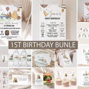 Classic Winnie The Pooh 1st Birthday Bundle, Editable Winnie The Pooh Birthday Invitation Pack, Instant Download, Winnie Pooh First Birthday