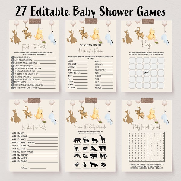 Winnie the Pooh Baby Shower Games Bundle, Editable Baby Shower Games, Winnie Pooh Balloon, Classic Gender Neutral, Instant Download