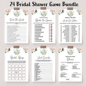 Tea Party Bridal Shower Game Bundle, Editable Blush Floral Bridal Games Bundle, Instant download