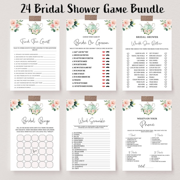 Tea Party Bridal Shower Game Bundle, Editable Blush Floral Bridal Games Bundle, Instant download