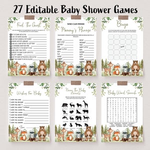 Woodland Animals Baby Shower Games Bundle,  Forest Animals Baby Shower Package, Editable Printable Baby Shower Game Pack, BBS33