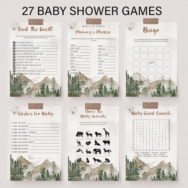 Let the Adventure Begin Baby Shower Games Bundle, Editable Activity Shower Bundle, Adventure Forest Mountain Trees, Printable