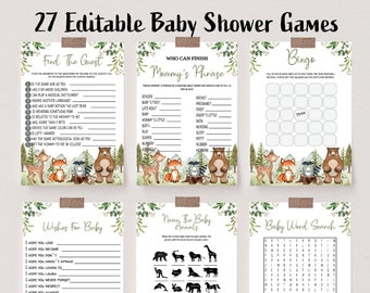 Woodland Animals Baby Shower Games Bundle,  Forest Animals Baby Shower Package, Editable Printable Baby Shower Game Pack, BBS33