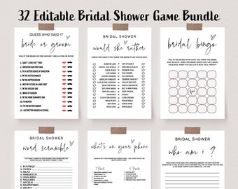 May include: A bridal shower game bundle with six printable games. The games include "Guess Who Said It," "Would She Rather," "Bridal Bingo," "Word Scramble," "What's on Your Phone," and "Who Am I?" The games are printed on white paper with black text.