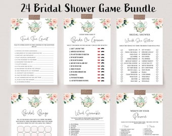 Tea Party Bridal Shower Game Bundle, Editable Blush Floral Bridal Games Bundle, Instant download