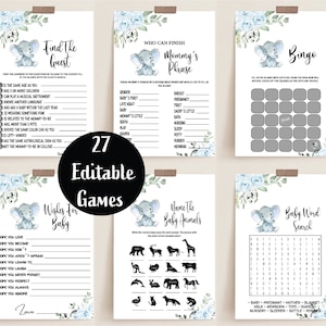 May include: A set of 27 printable baby shower games featuring an elephant illustration with blue and green floral accents. The games include Find the Guest, Mommy's Phrase, Bingo, Wishes for Baby, Name the Baby Animals, and Baby Word Search.