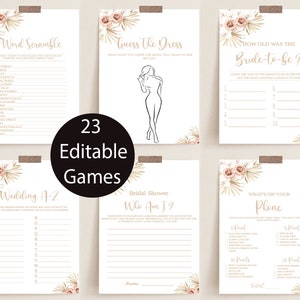 Jeux floraux bohèmes pour la douche nuptiale, jeux modifiables pour la douche, lot de jeux floraux séchés pour la mariée, devinez la robe, images d'emoji